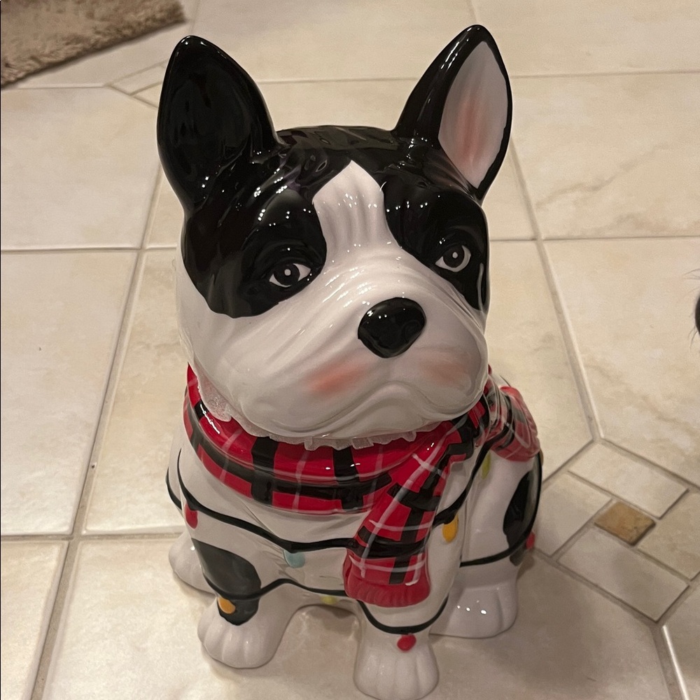 11inch. Black and White French Bulldog  Cookie/Treat Jar with Red Plaid Scarf.